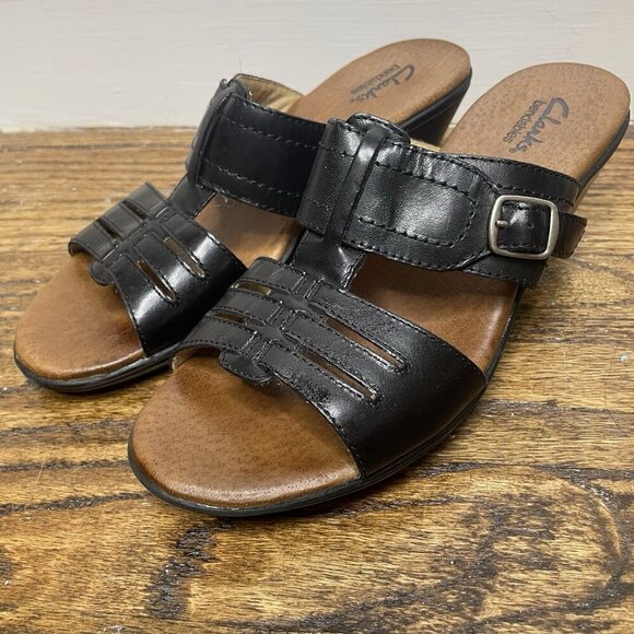 Clarks Black Bendables‎ Slip On Sandals 6M Open Back Leather Upper - Picture 5 of 11